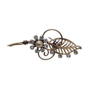 Vintage Van Dell 1/20 12K GF Gold Filled Rhinestone Pearl Leaf Floral Brooch Pin